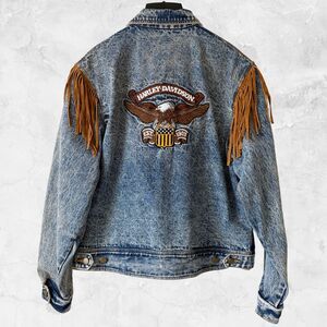 Harley-Davidson Fringed Jean Jacket Men’s L Vintage Blue Denim Eagle Embroidery
